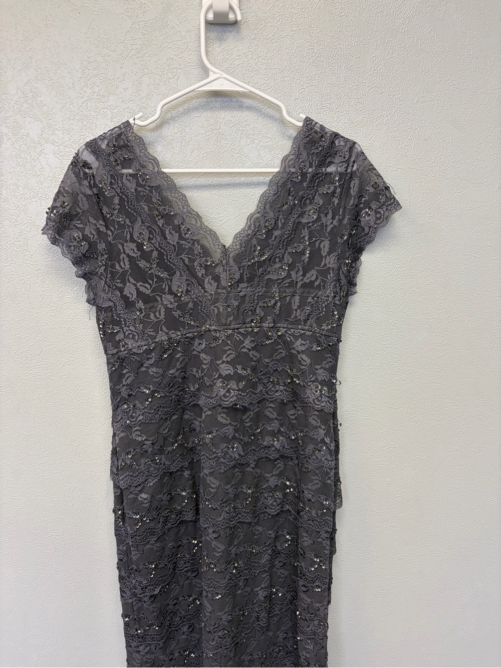 MARINA Charcoal Gray Lace Midi Dress with V-Neck